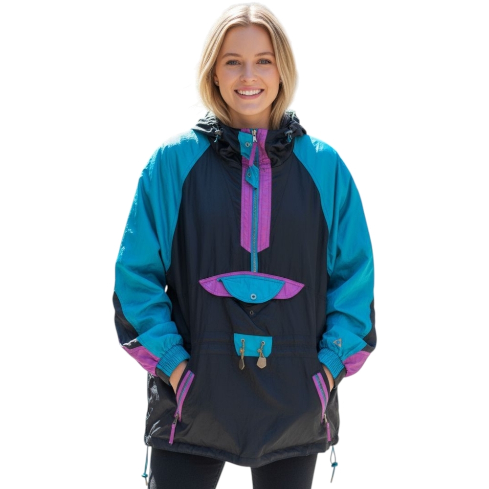 Vintage 90's Windbreaker By Gerry Weber Black and Teal Jacket With Pink Accents